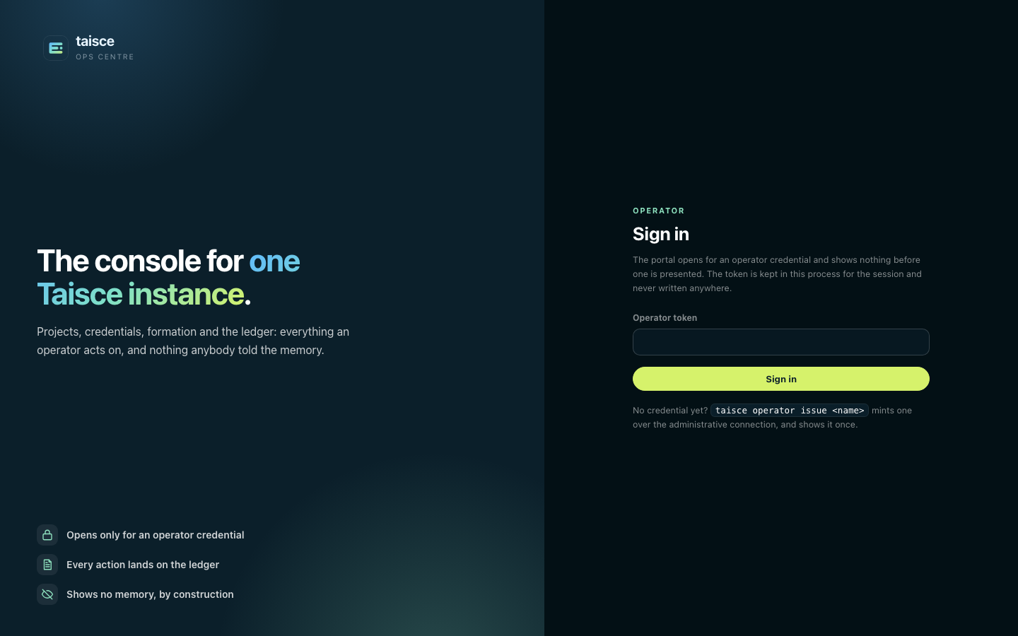 Signing in to the ops centre with an operator token